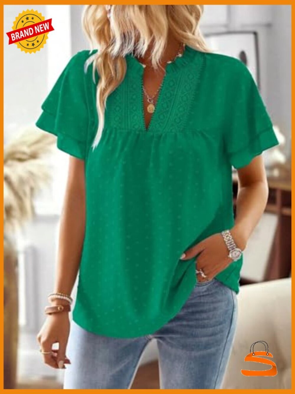 Butterfly Sleeve V Neck Swiss Dot Blouse - Dressy Casual Flowy Top - Picture 2 of 7